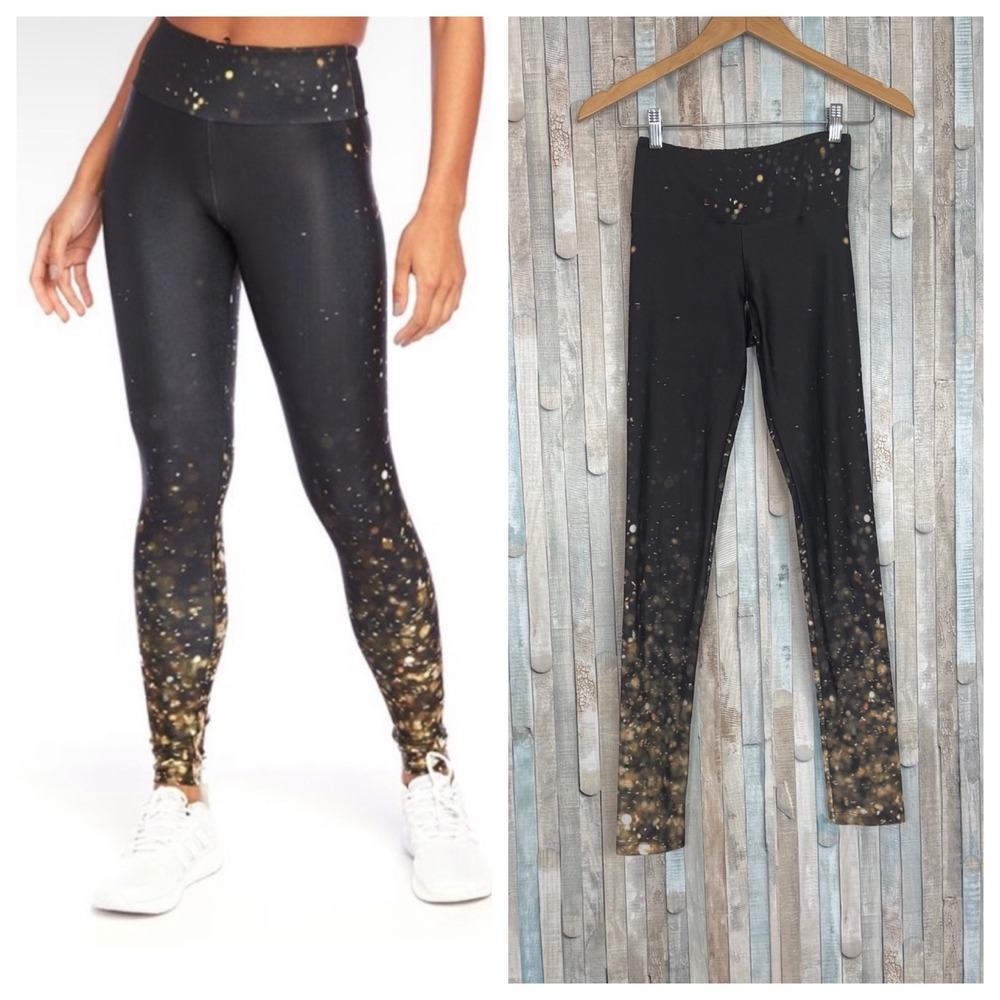 Goldsheep Black‎ Gold Glitter Bokeh Falling Lights High Waisted Yoga Leggings S